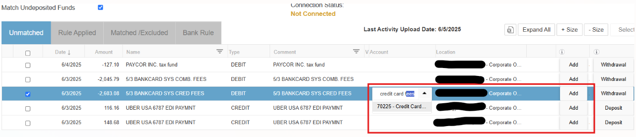 Restaurant365 adding a bank fee from bank activity