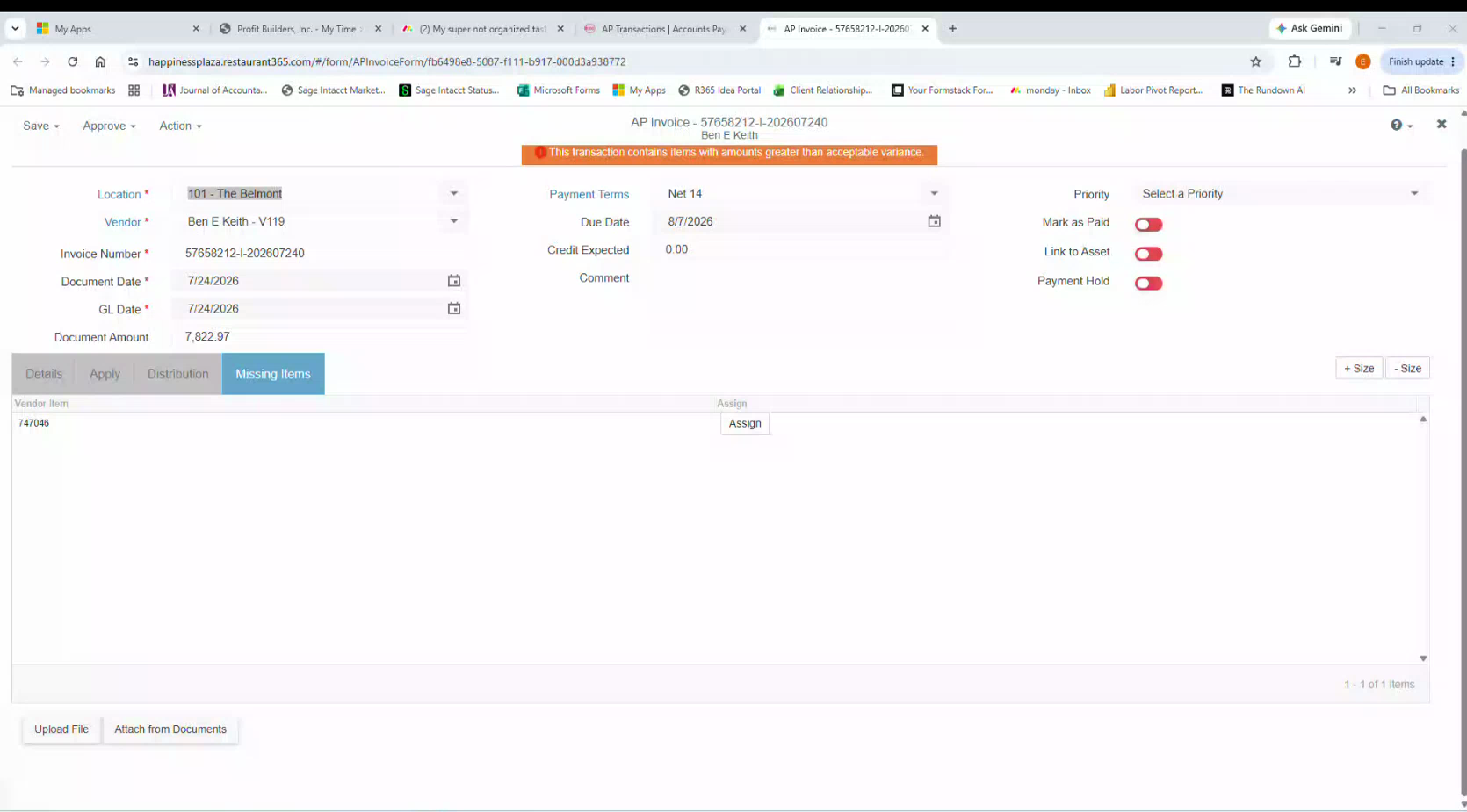 R365 AP invoice Missing Items tab showing vendor item 747046 and an Assign button