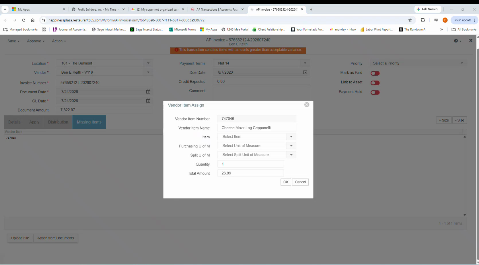 R365 Vendor Item Assign dialog for vendor item 747046, Cheese Mozz Log Cepponelli