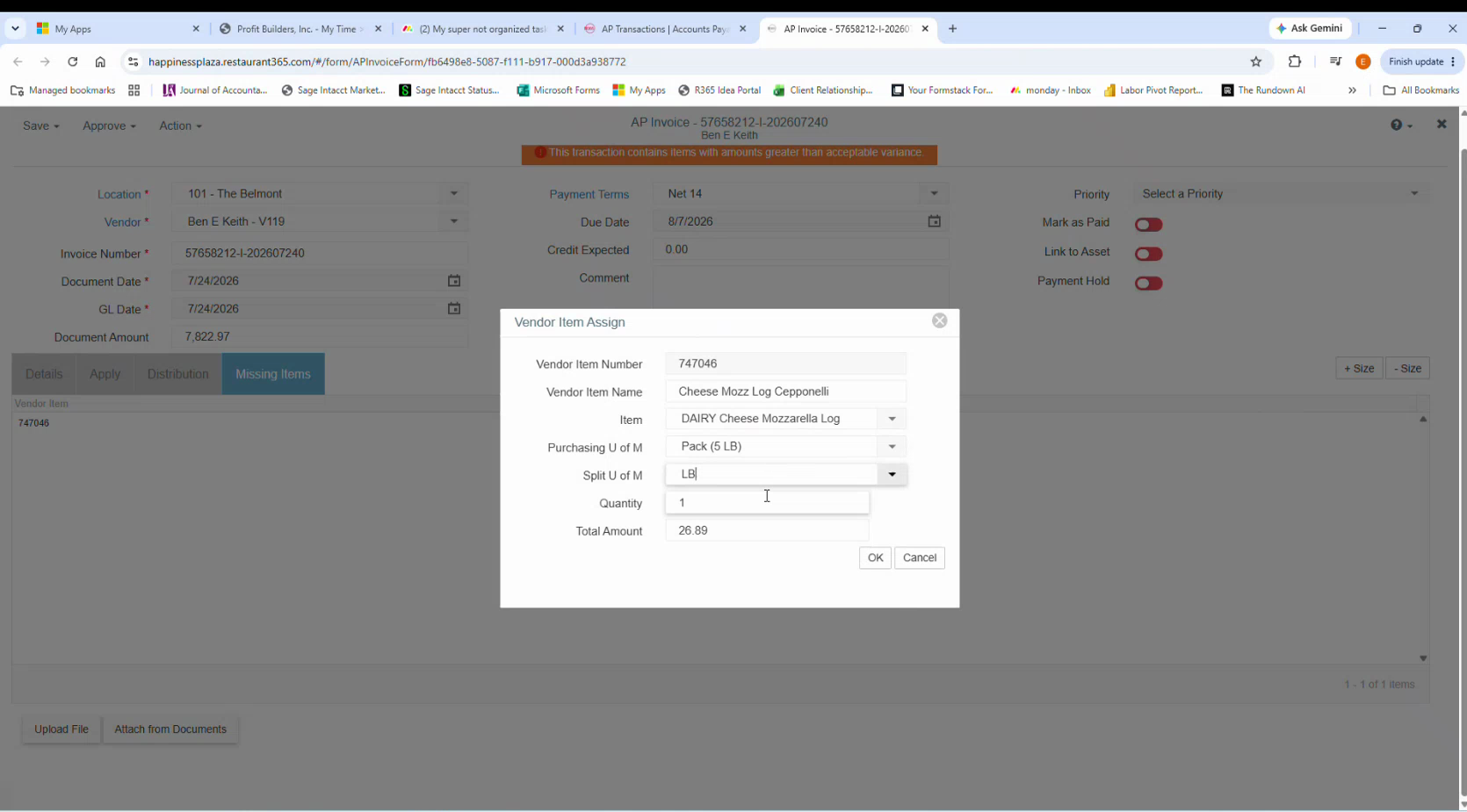 R365 Vendor Item Assign with Purchasing U of M set to Pack (5 LB) and LB being entered as Split U of M