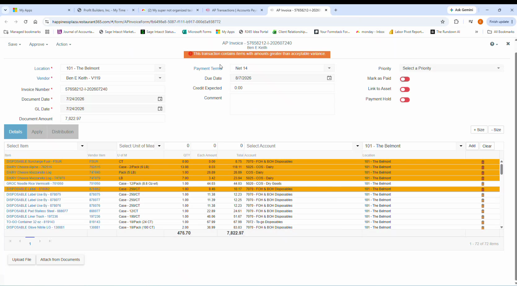 R365 AP invoice Details tab with the newly mapped Cheese Mozzarella Log line among 72 invoice lines