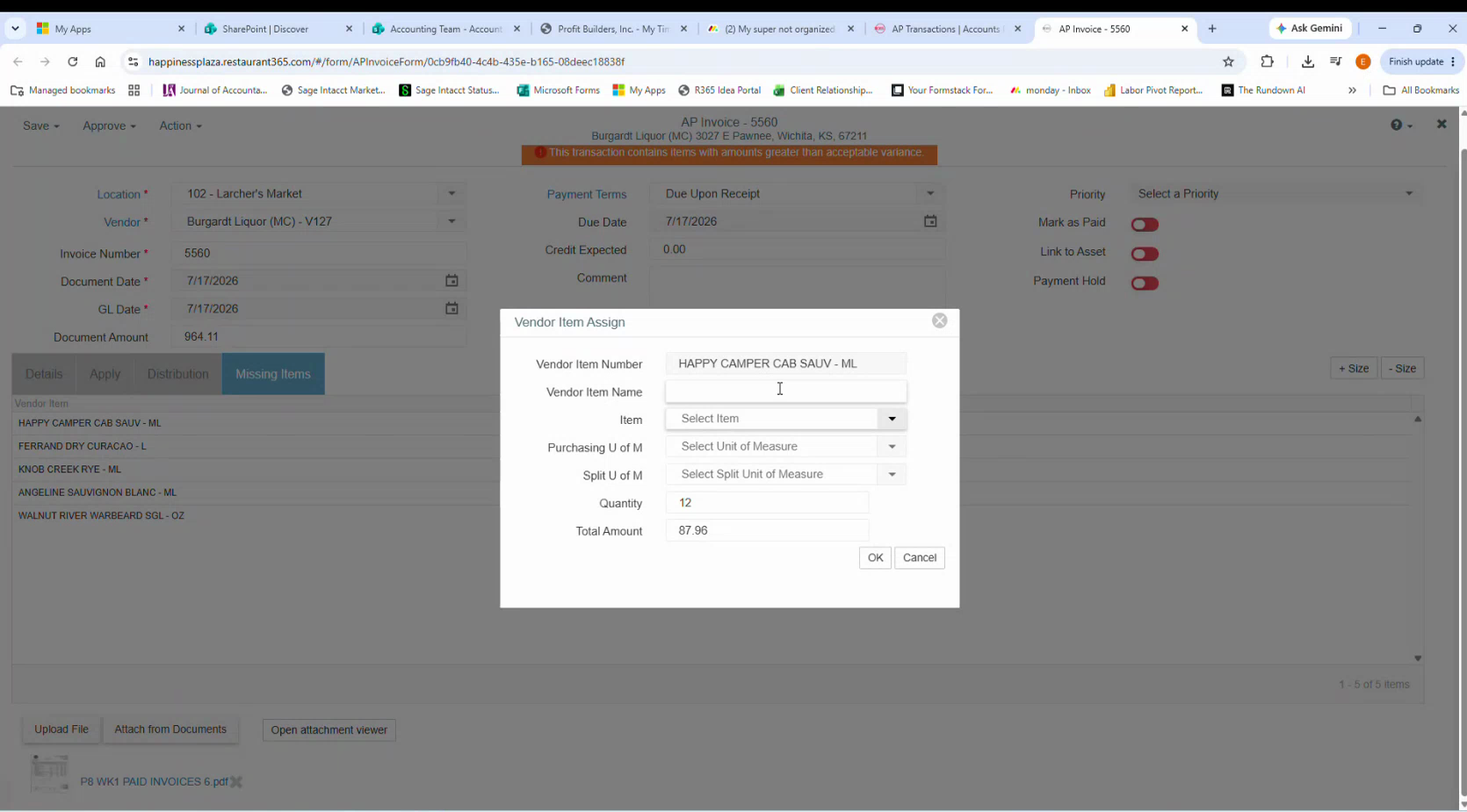 R365 AP invoice 5560 Missing Items tab with five vendor items and the Vendor Item Assign dialog open