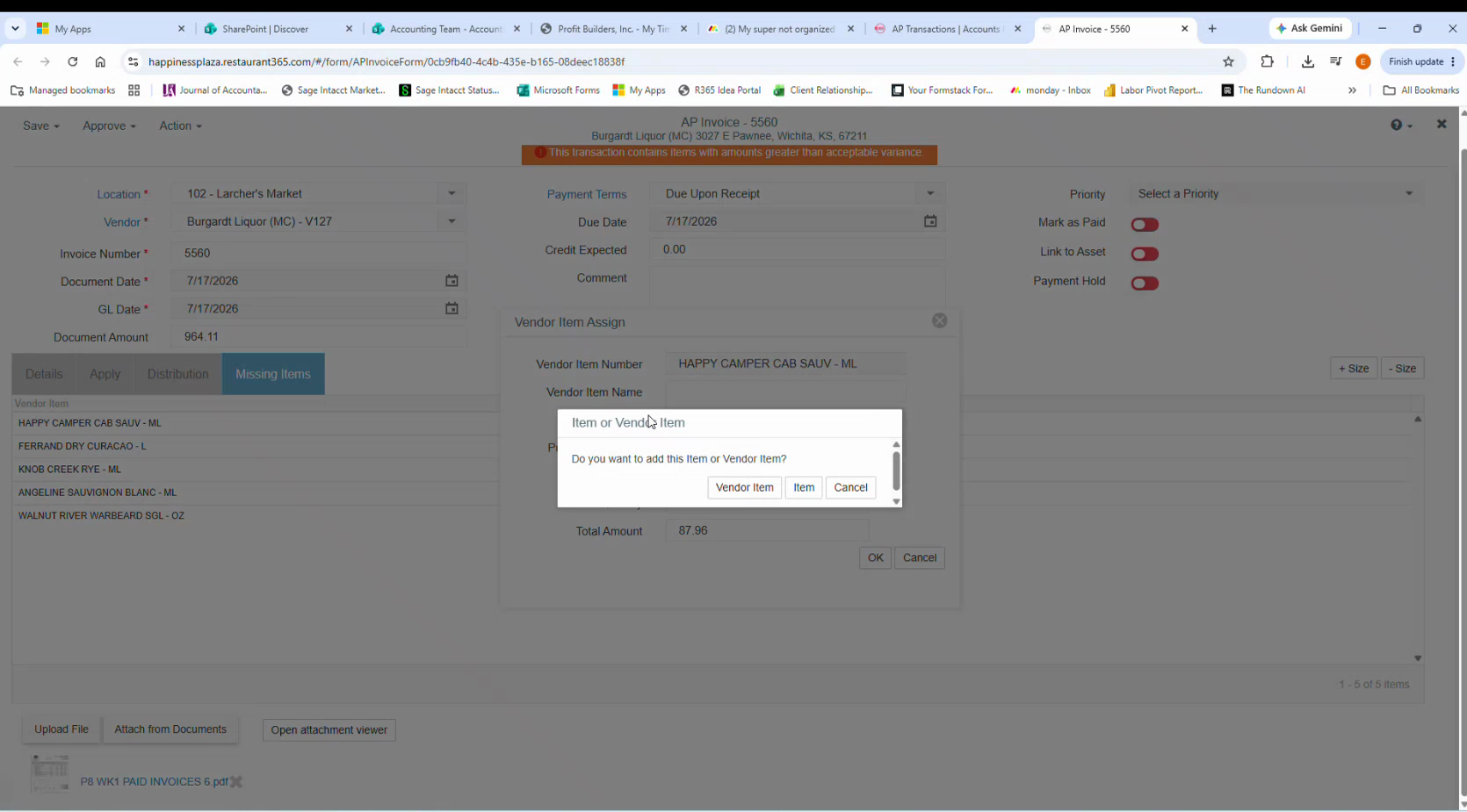 R365 dialog: Do you want to add this Item or Vendor Item? with Vendor Item, Item and Cancel buttons