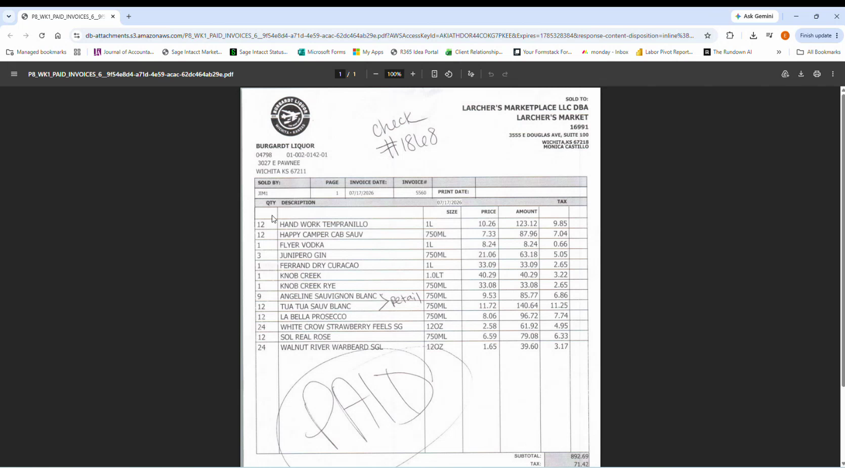 Scanned Burgardt Liquor invoice 5560 showing HAPPY CAMPER CAB SAUV at 750ML, 12 qty, $87.96