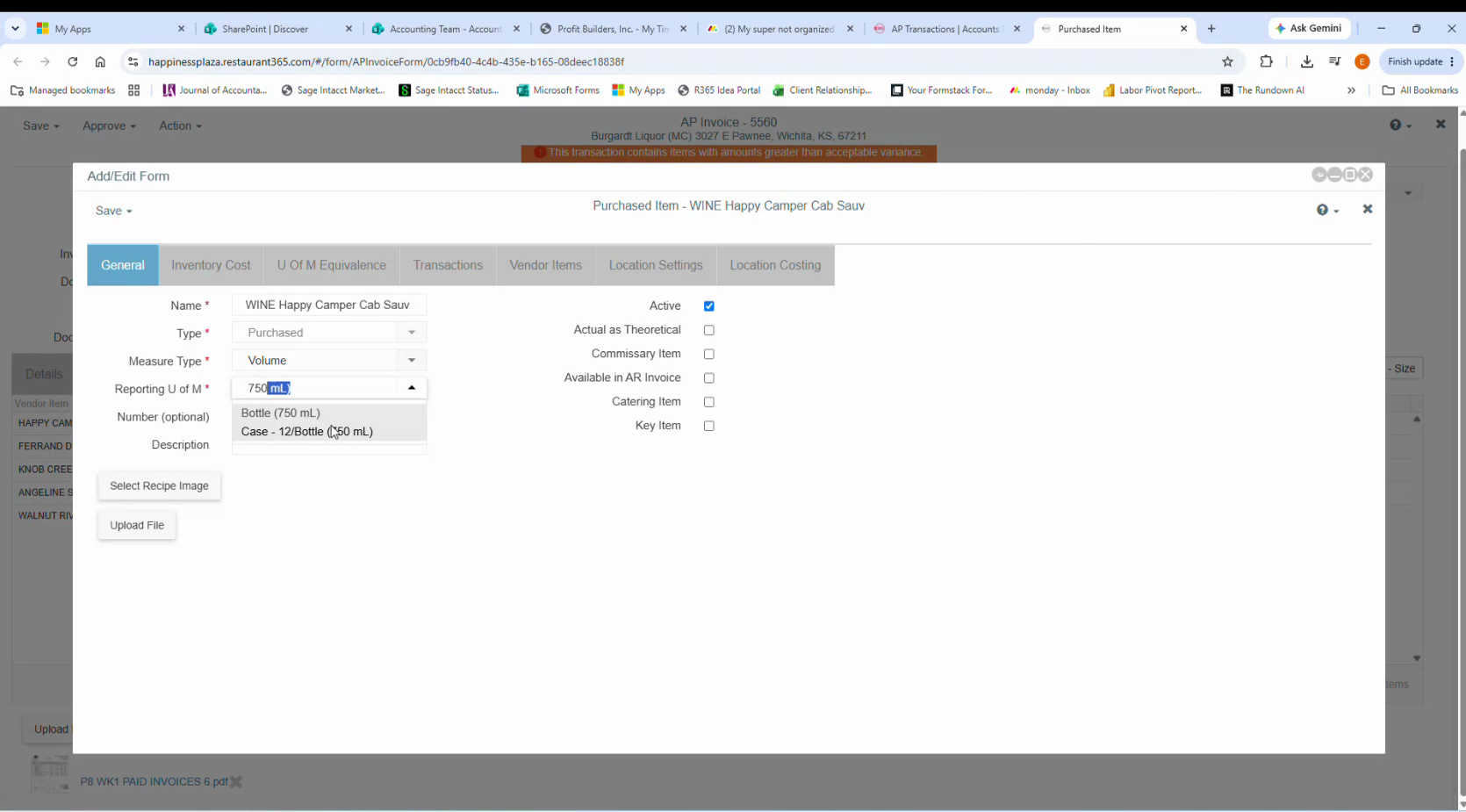 R365 Reporting U of M dropdown showing Bottle (750 mL) and Case - 12/Bottle (750 mL)