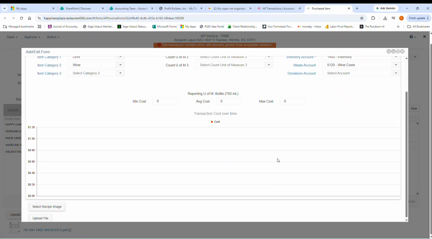 R365 Inventory Cost tab showing Cost Account 5120 Wine Costs, Inventory Account 1400 Inventory, and Waste Account being set