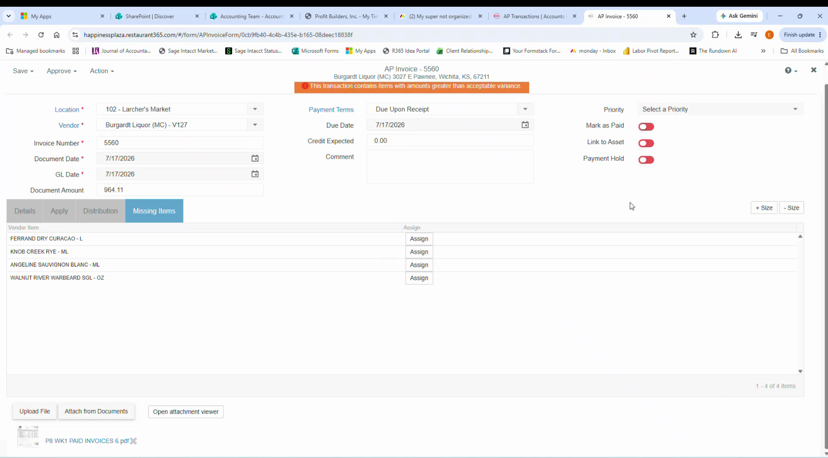 R365 Missing Items tab now listing four vendor items after the first was mapped
