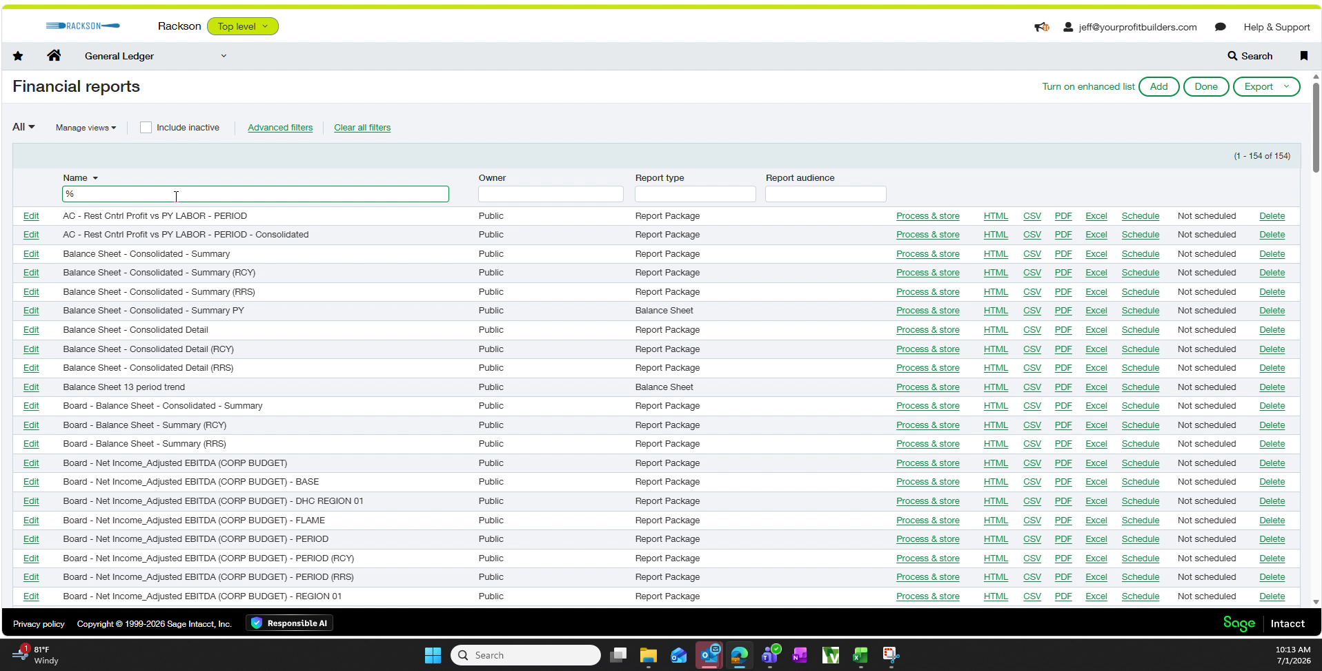 Sage Intacct financial reports list under general ledger