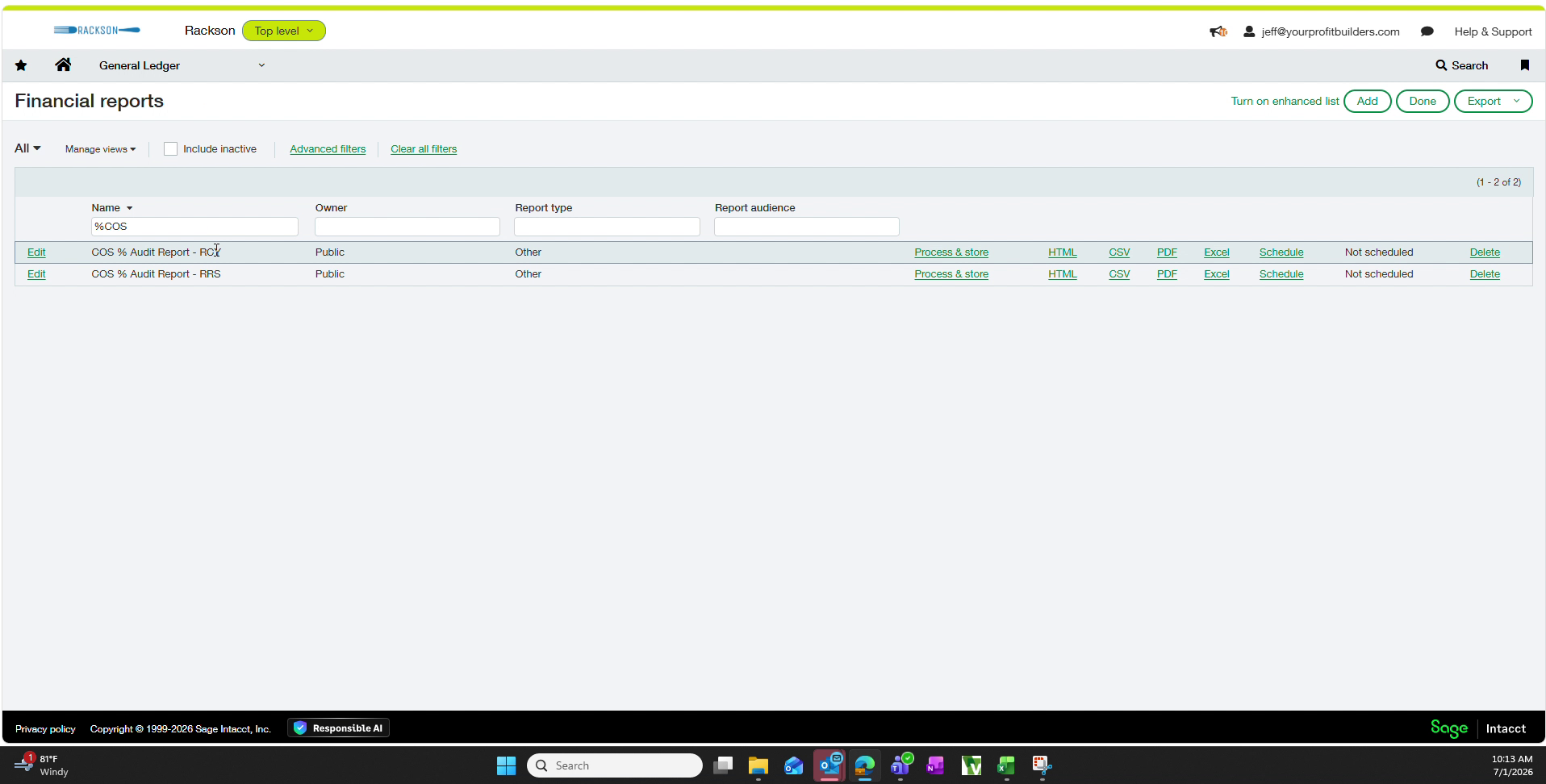 Report list filtered to the two COS percent audit report definitions