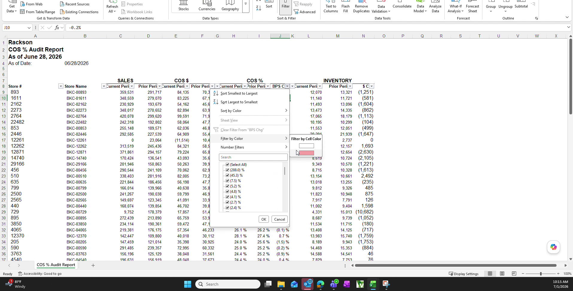 Excel filter by color menu applied to the BPS change column