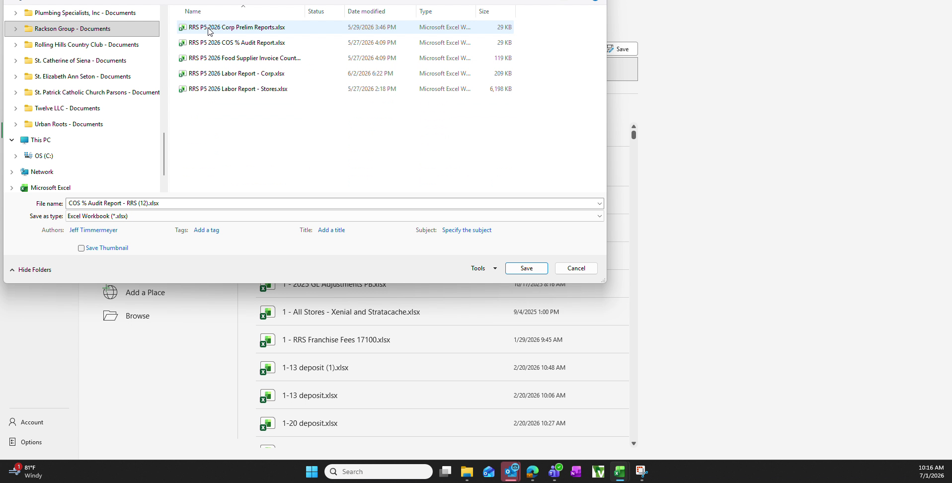 Prelims folder showing the prior period COS audit report file