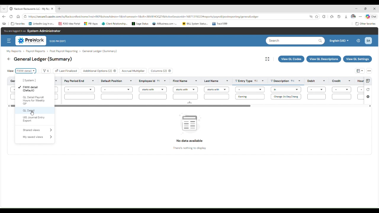 ProWork general ledger summary report with GL Detail view selected