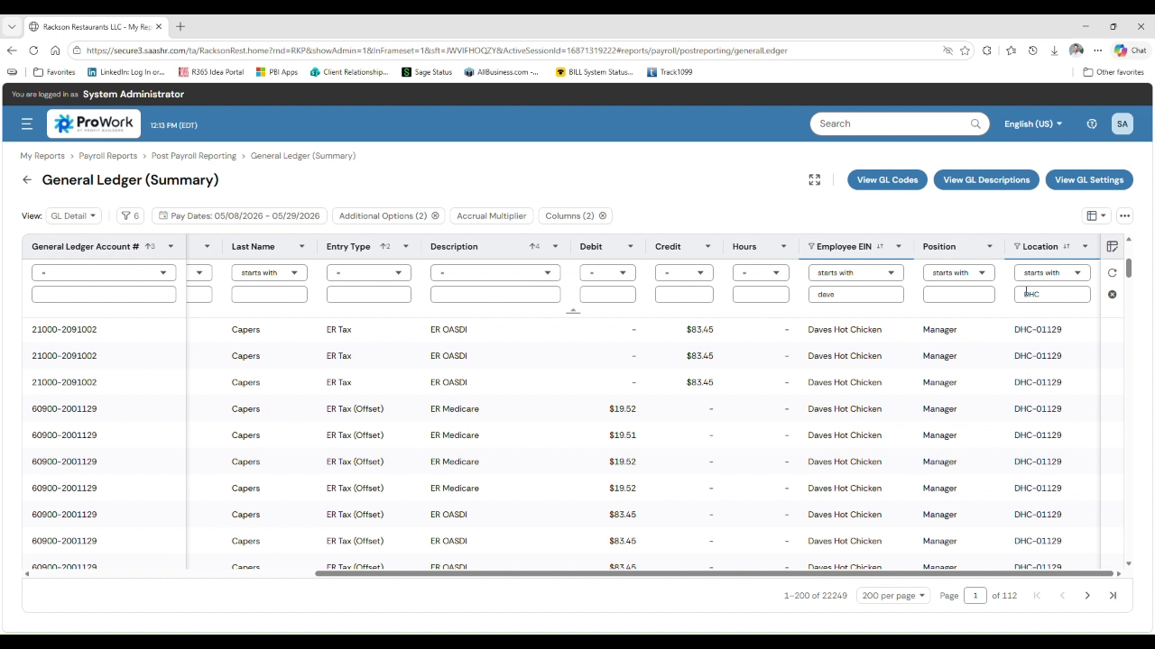 ProWork filters set to Daves Hot Chicken and DHC location prefix