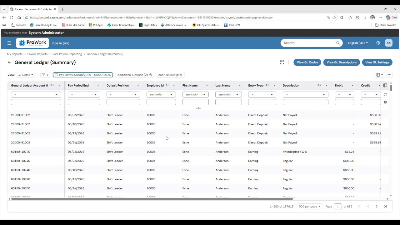 ProWork pay dates filter set to a period date range