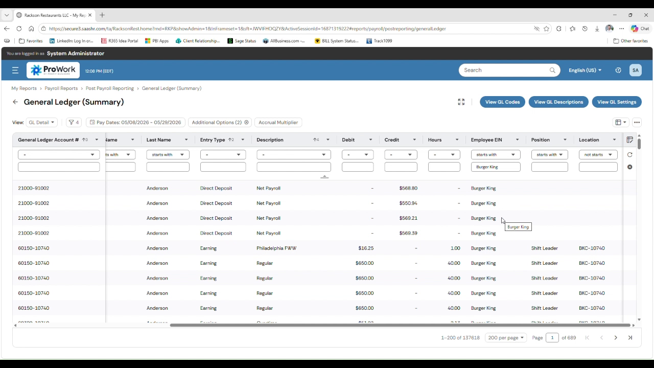 ProWork employee EIN filter set to Burger King