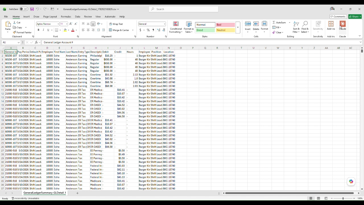 Exported ProWork GL detail open in Excel