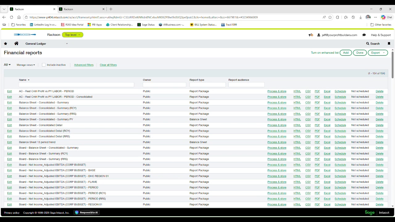 Sage Intacct financial reports list for Rackson
