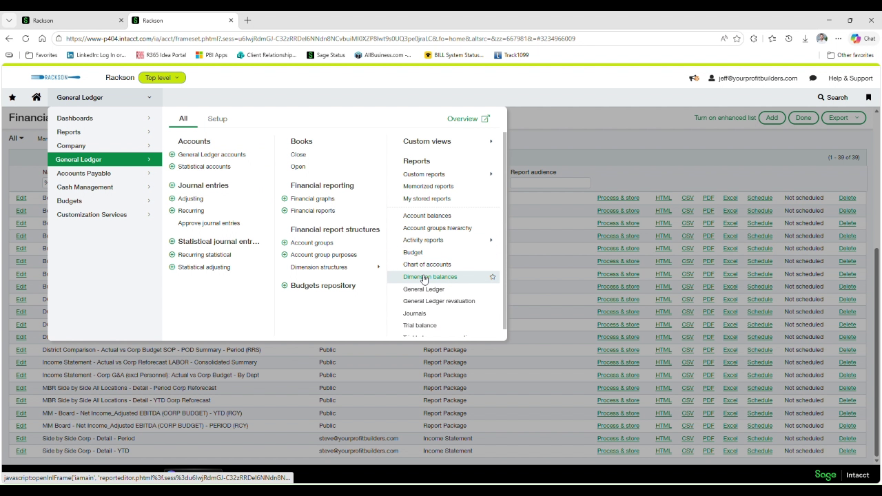 Navigating to dimension balances from the general ledger reports menu