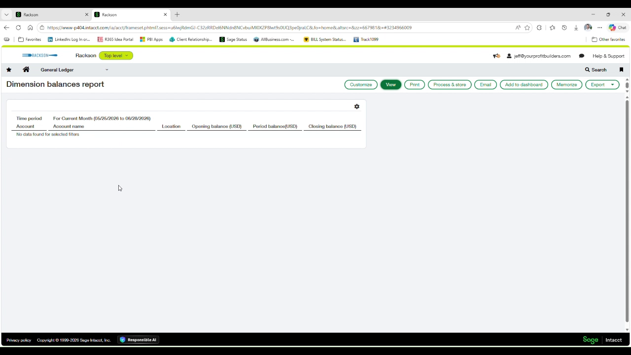 Dimension balances report returning no data found for the clearing account