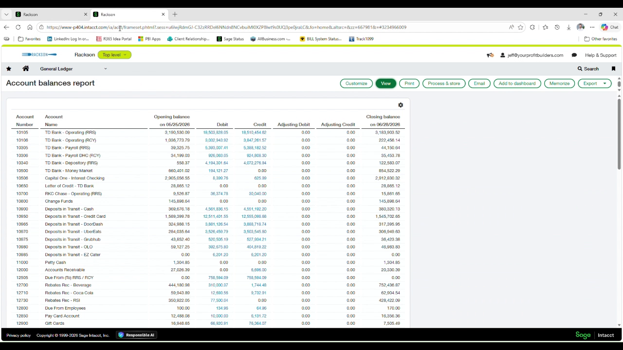 Account balances report with opening and closing balances by GL account