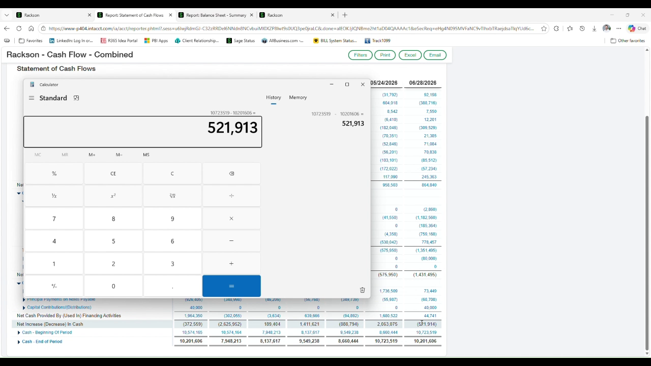 Calculator verifying the cash flow net change figure