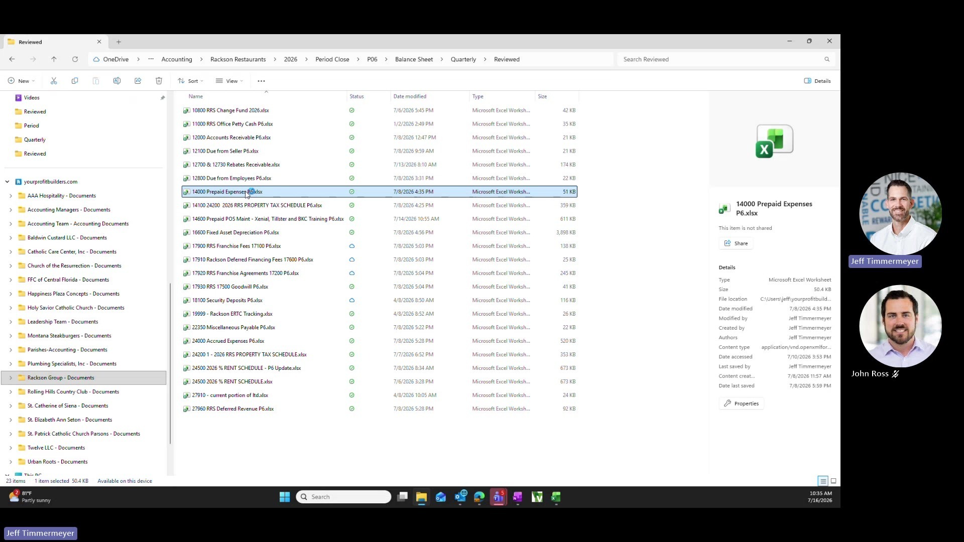 SharePoint folder listing for the Rackson balance sheet workpapers