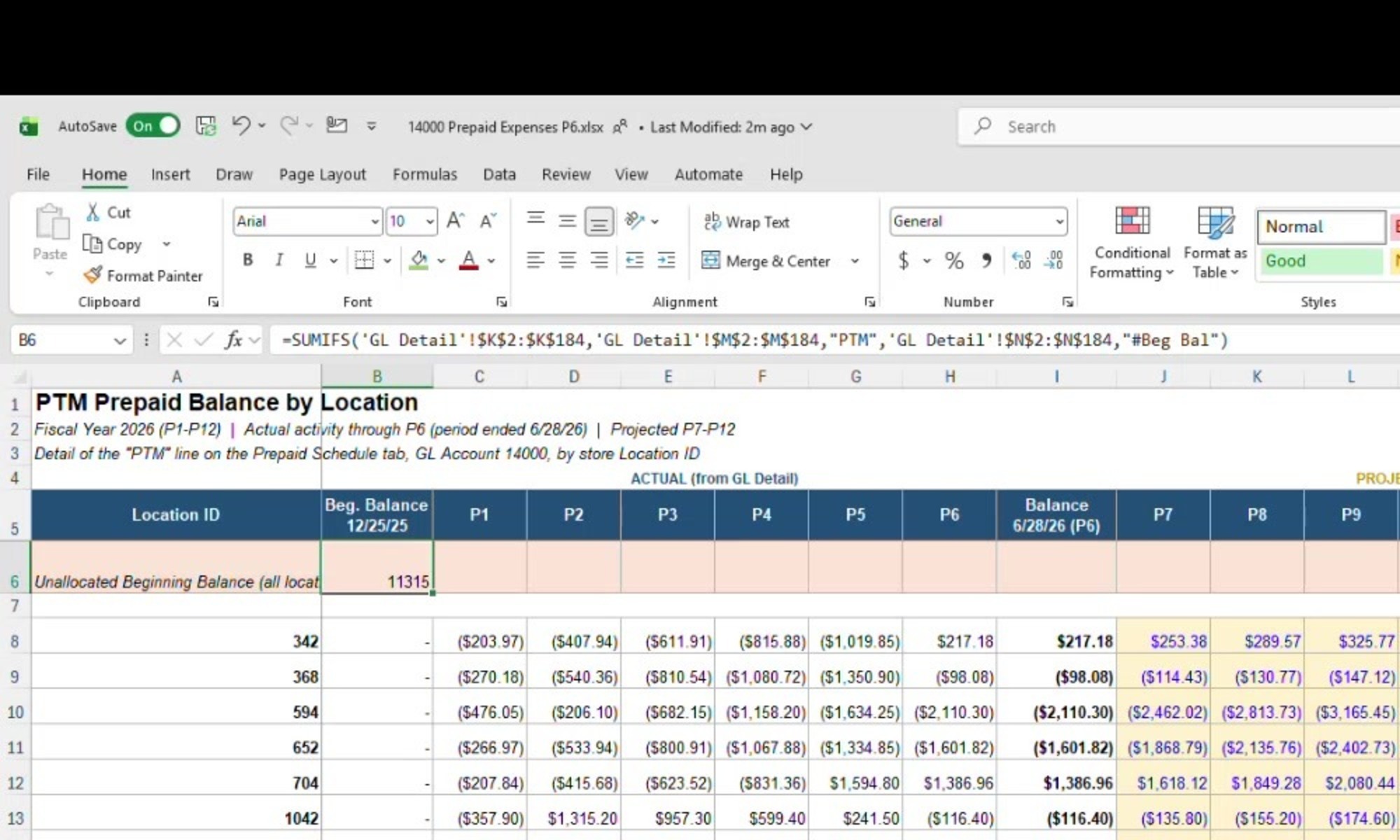 Prepaid expenses workbook PTM by Location tab with SUMIFS formula visible