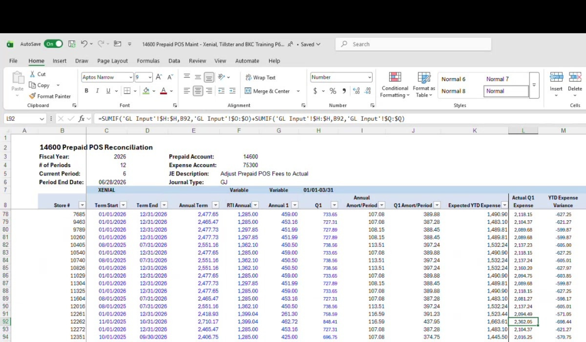 Prepaid POS maintenance reconciliation tab showing prepaid account 14600 and expense account 75300