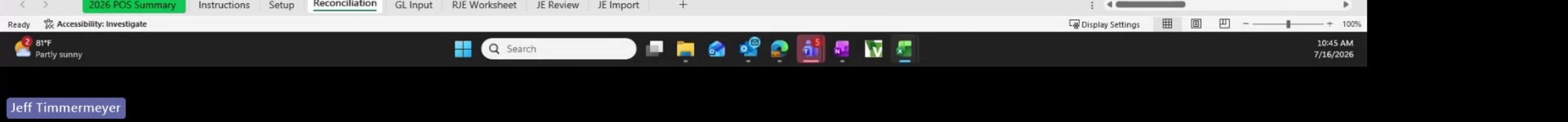 Workbook tab strip: 2026 POS Summary, Instructions, Setup, Reconciliation, GL Input, RJE Worksheet, JE Review, JE Import