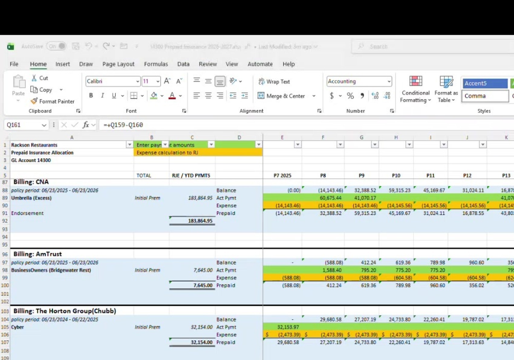 Prepaid insurance allocation workbook showing carrier billing blocks and roll-forward rows