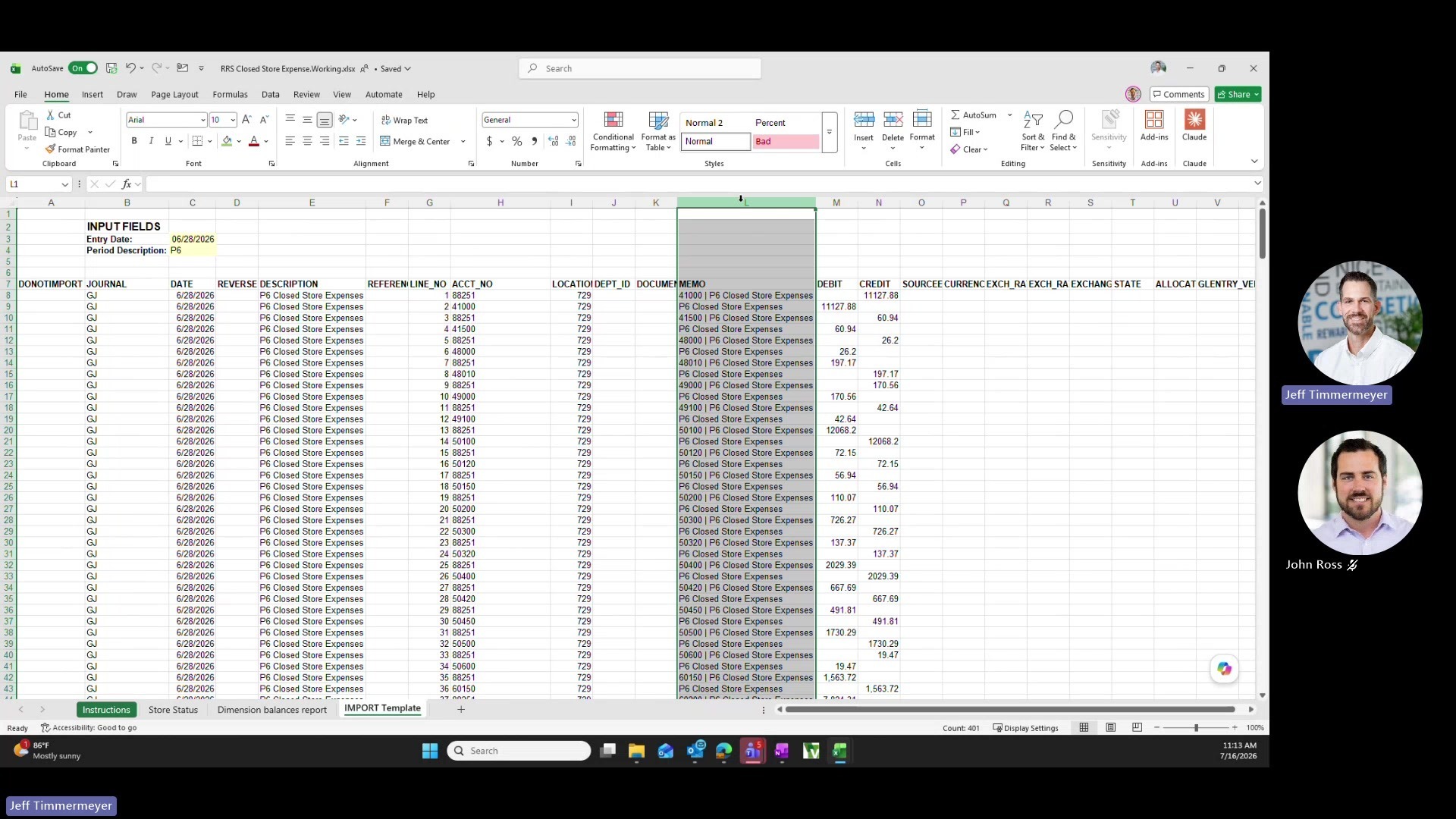 GL detail by location in a pivot view for the in-house maintenance reclass