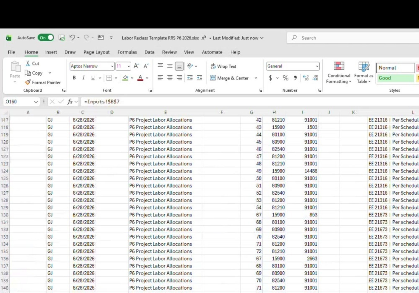 Labor reclass template workbook showing GL accounts and employee ID memo pattern