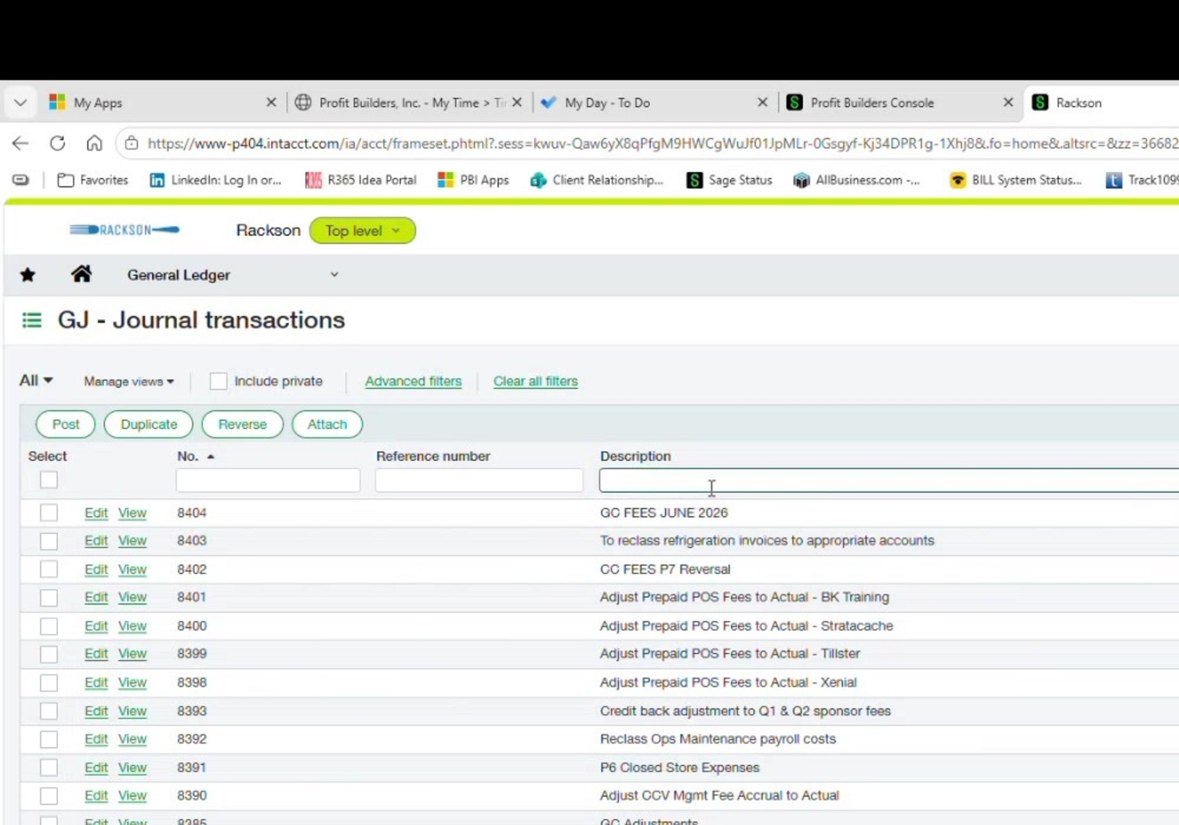 Sage Intacct GJ journal transactions listing for Rackson