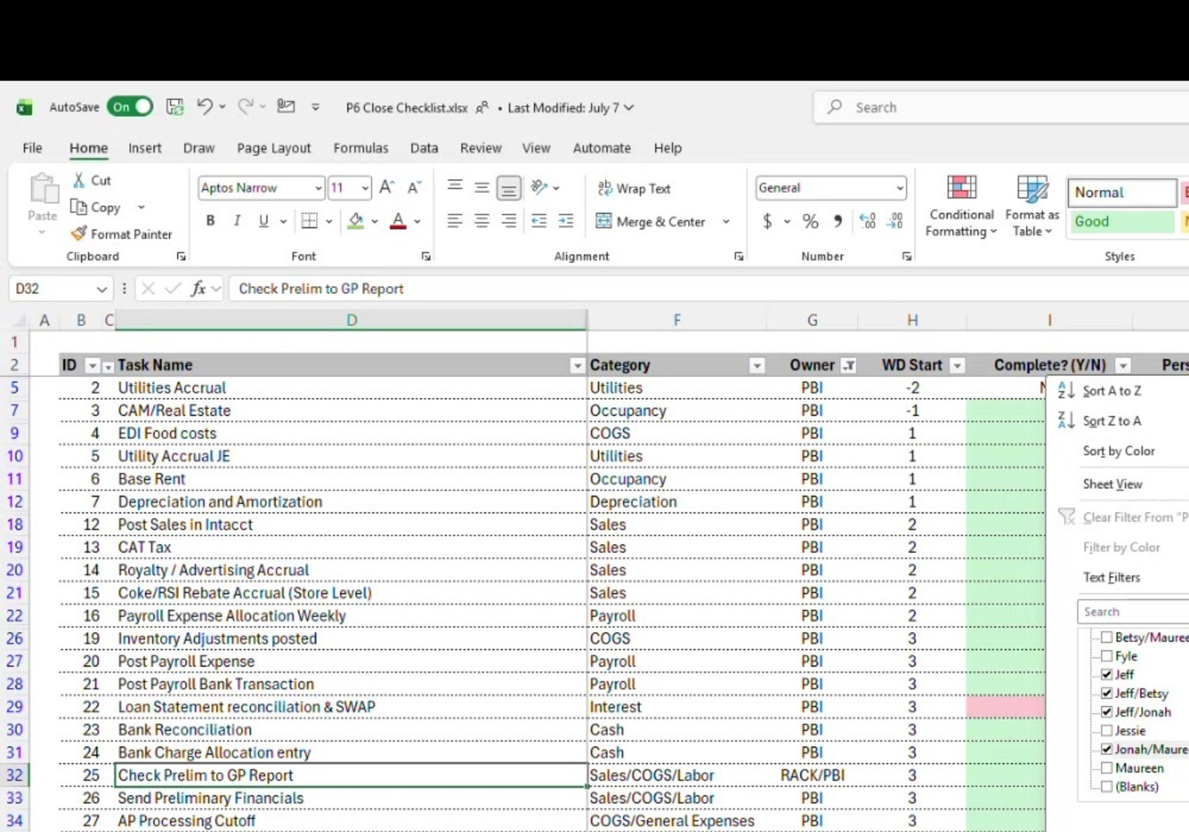 Close checklist workbook showing task columns and the person filter list