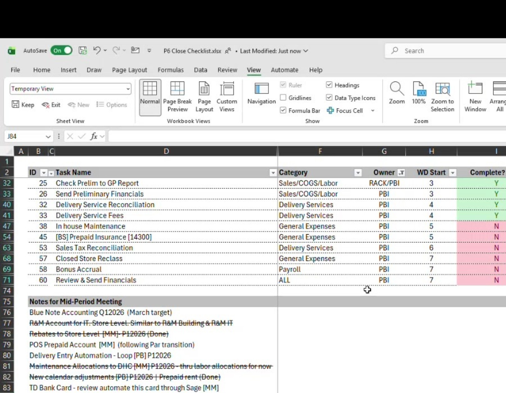 Close checklist filtered to WD3 through WD7 tasks with the mid-period notes list visible