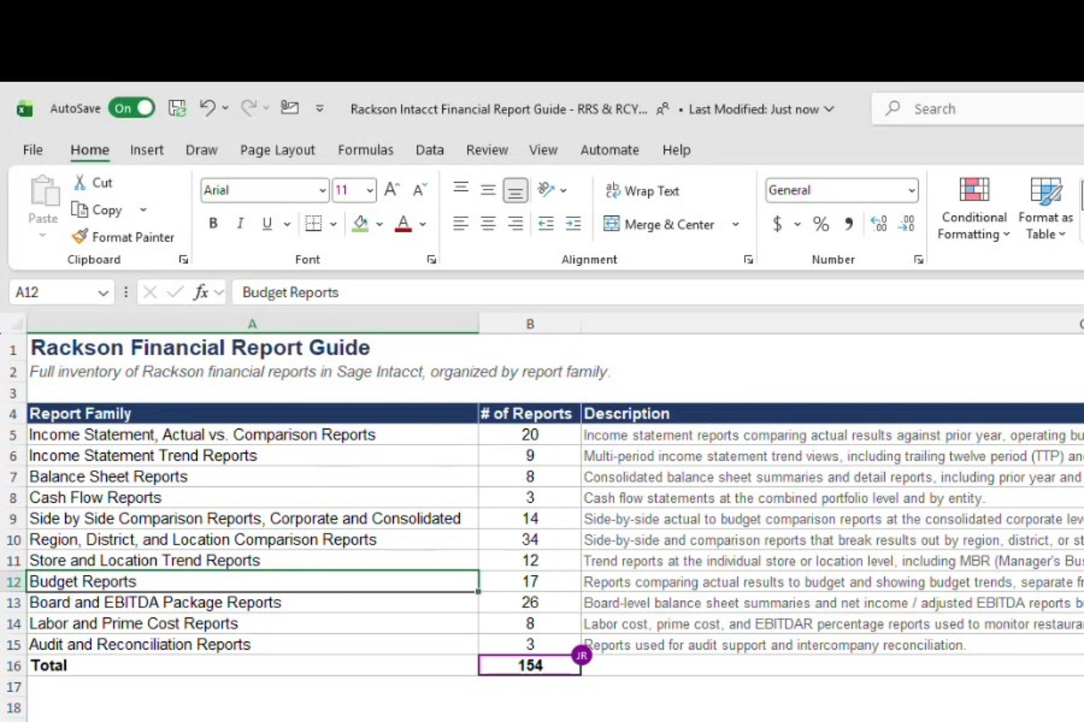 Reference workbook tab showing the Rackson financial report guide family breakdown