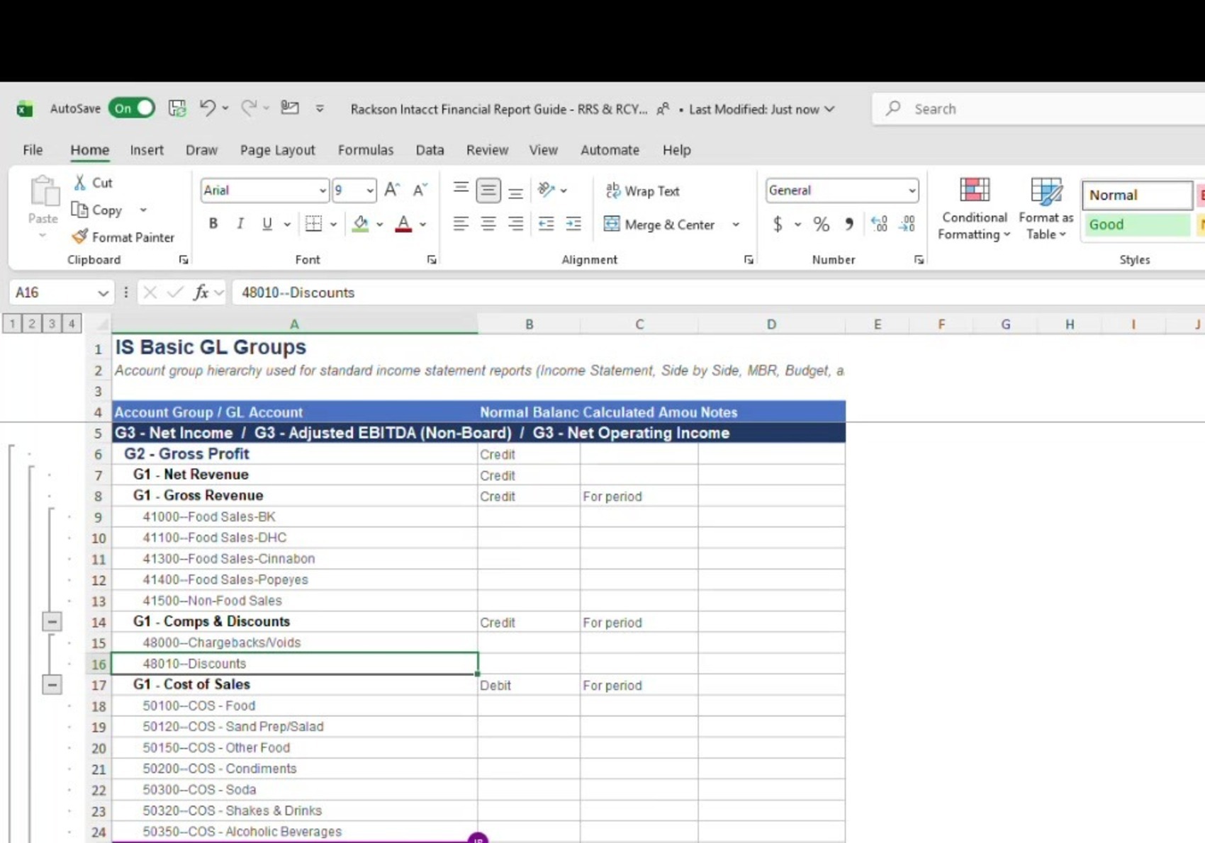 Reference workbook showing the documented G3, G2, and G1 account group hierarchy