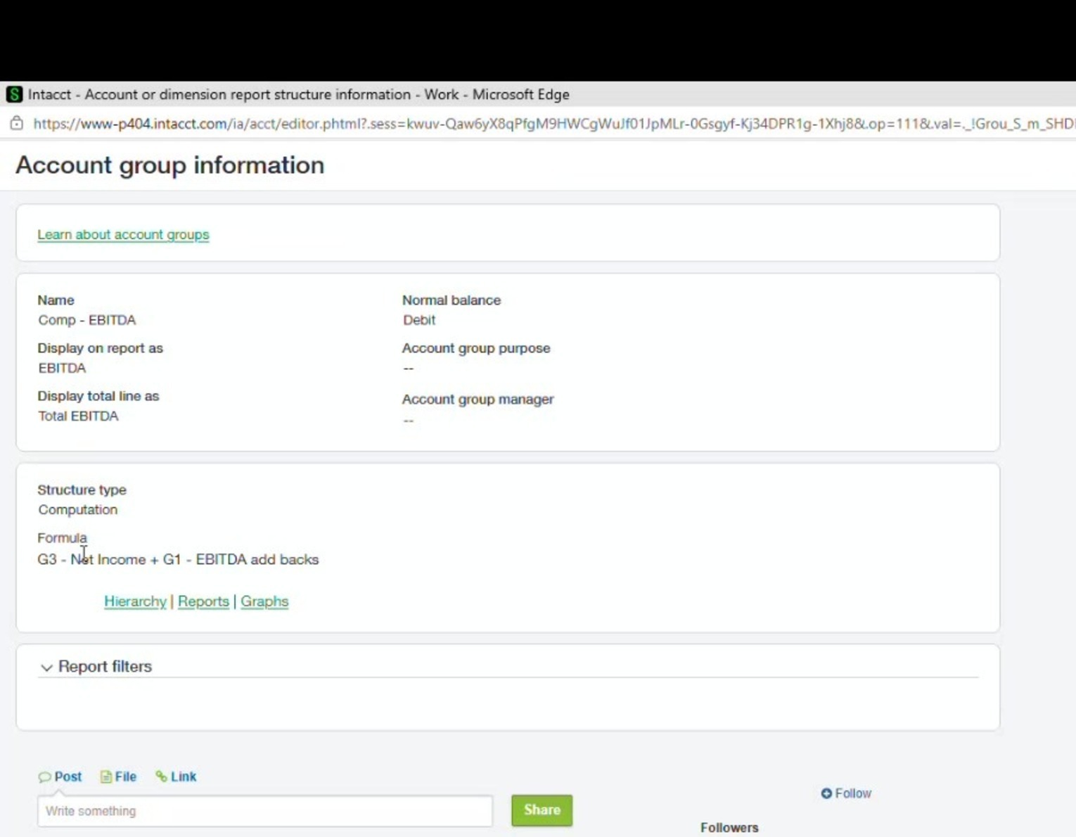 Sage Intacct account group information screen for the Comp - EBITDA computation group