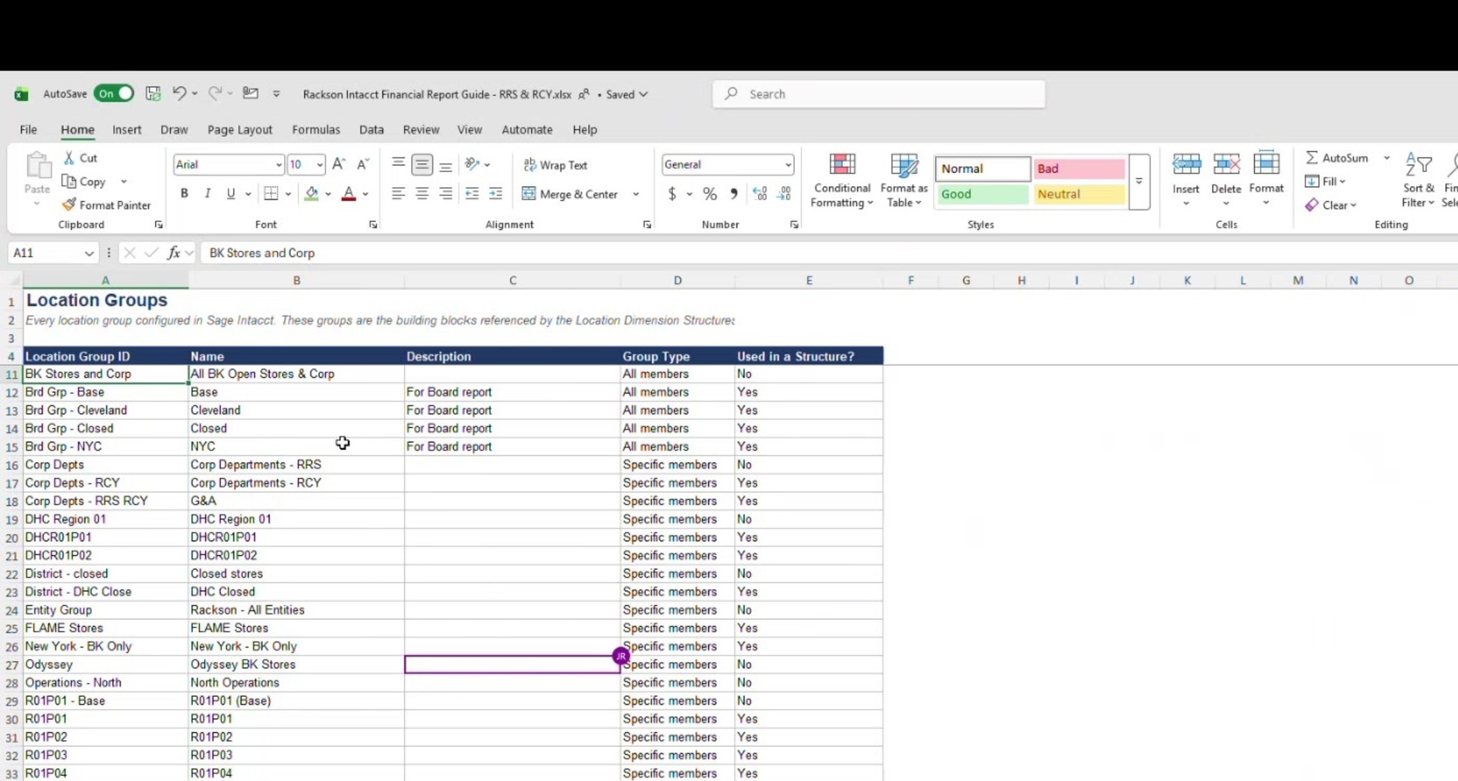 Reference workbook location groups tab listing BK Stores and Corp, FLAME Stores, Odyssey, and pod groups