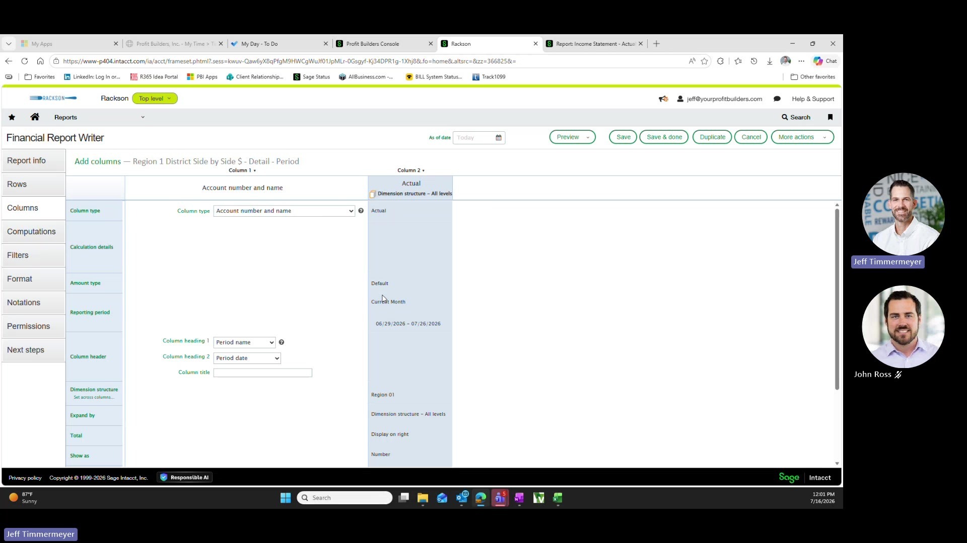 Sage Intacct financial report writer columns tab with dimension structure expand-by setting
