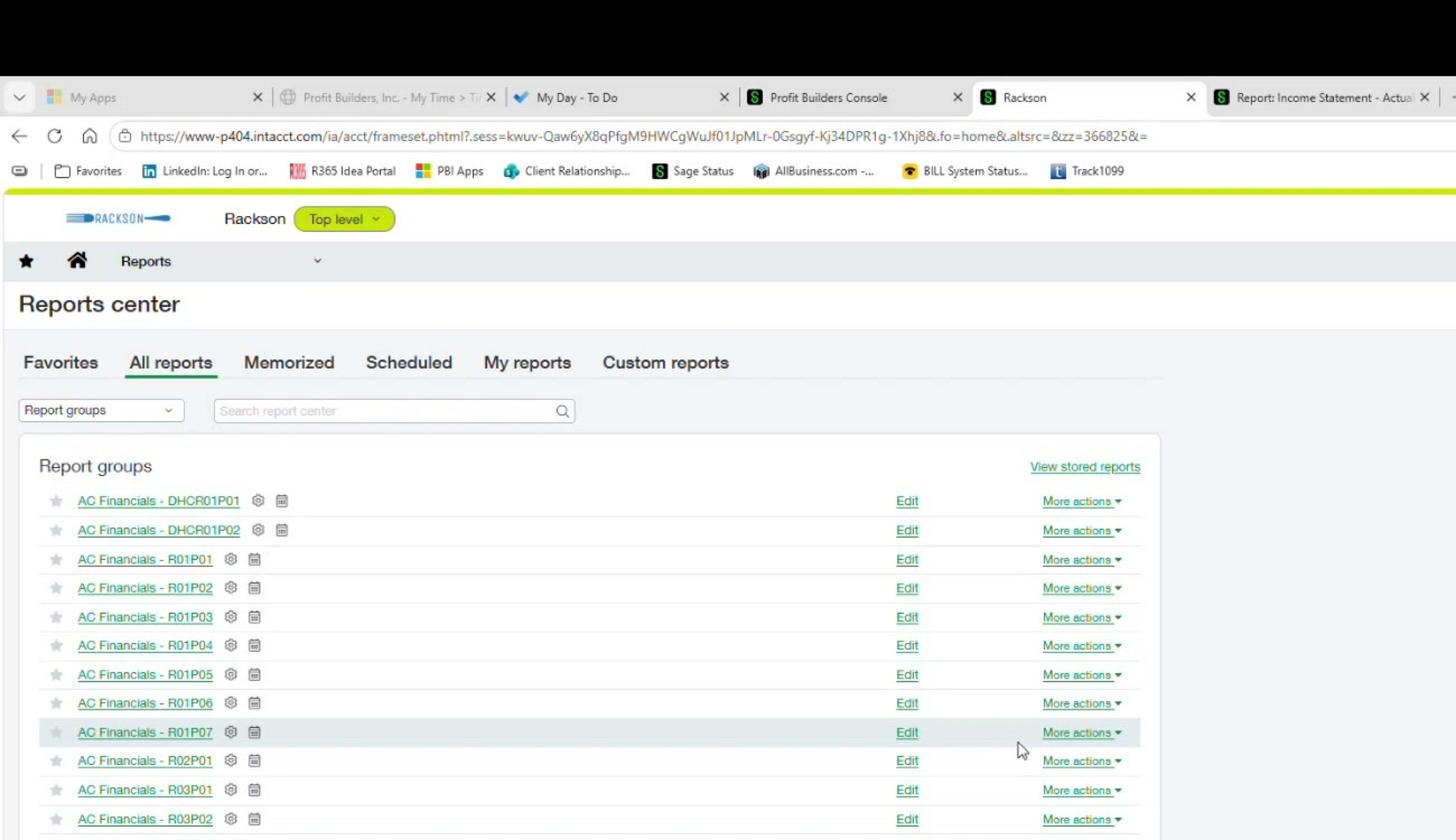 Sage Intacct reports center showing AC Financials report groups with edit and more actions controls