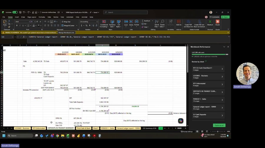 Rackson inventory workbook with R365 export detail and perpetual item columns