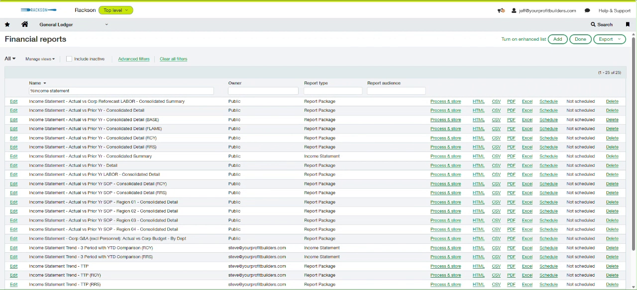 Sage Intacct financial reports list filtered to income statement reports