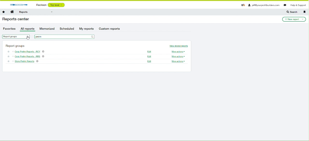Sage Intacct reports center with the three prelim report groups