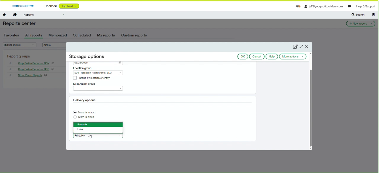 Storage options dialog for the RRS corp prelim report package