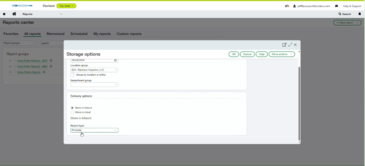 Storage options dialog for the RCY corp prelim report package