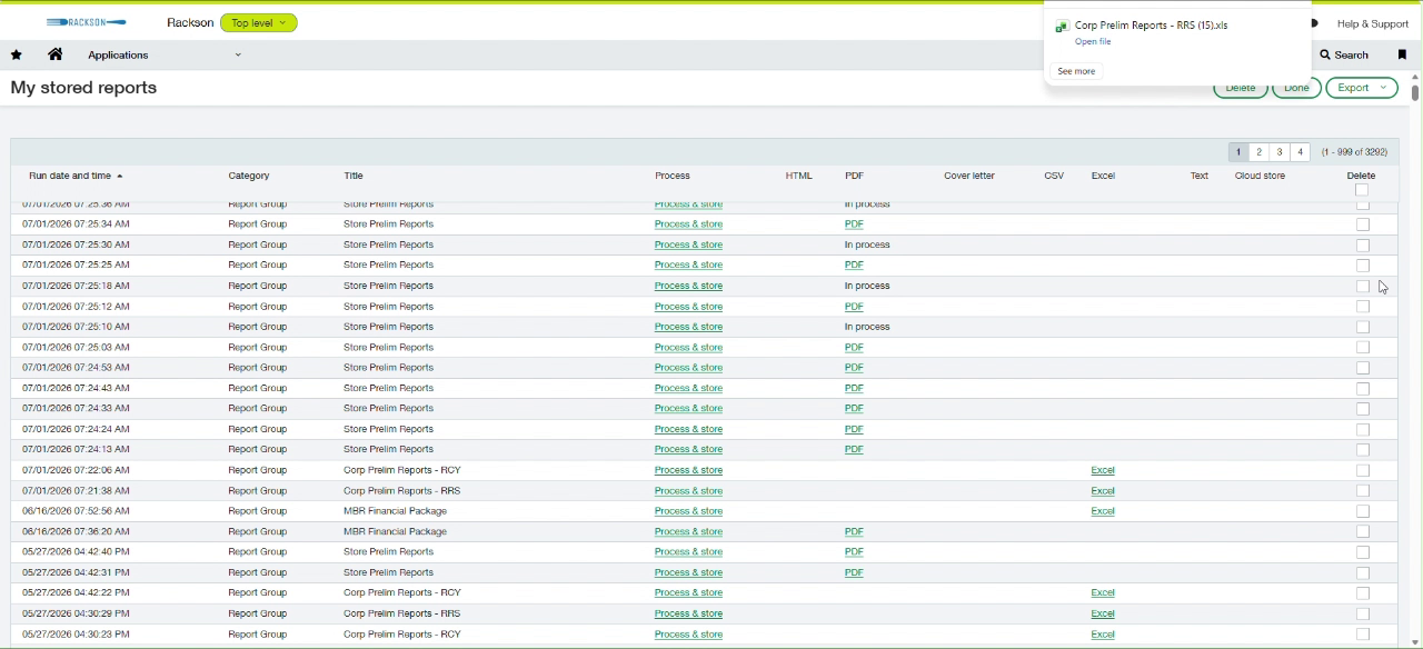 My stored reports list with completed and in process runs