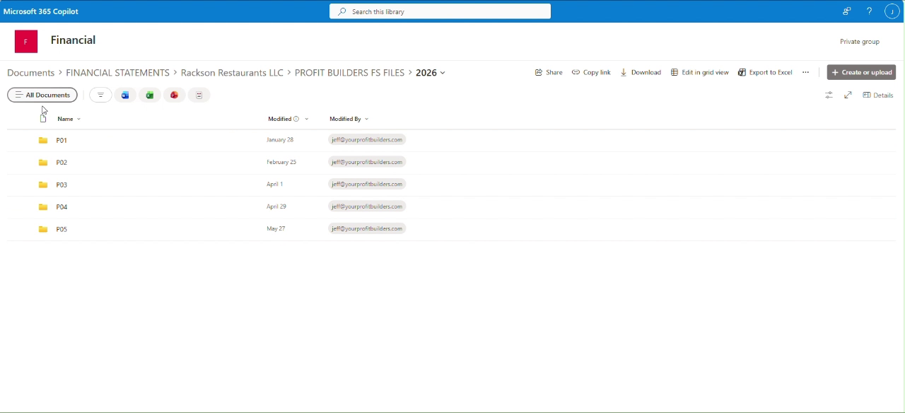 Client SharePoint site showing prior period folders P01 through P05