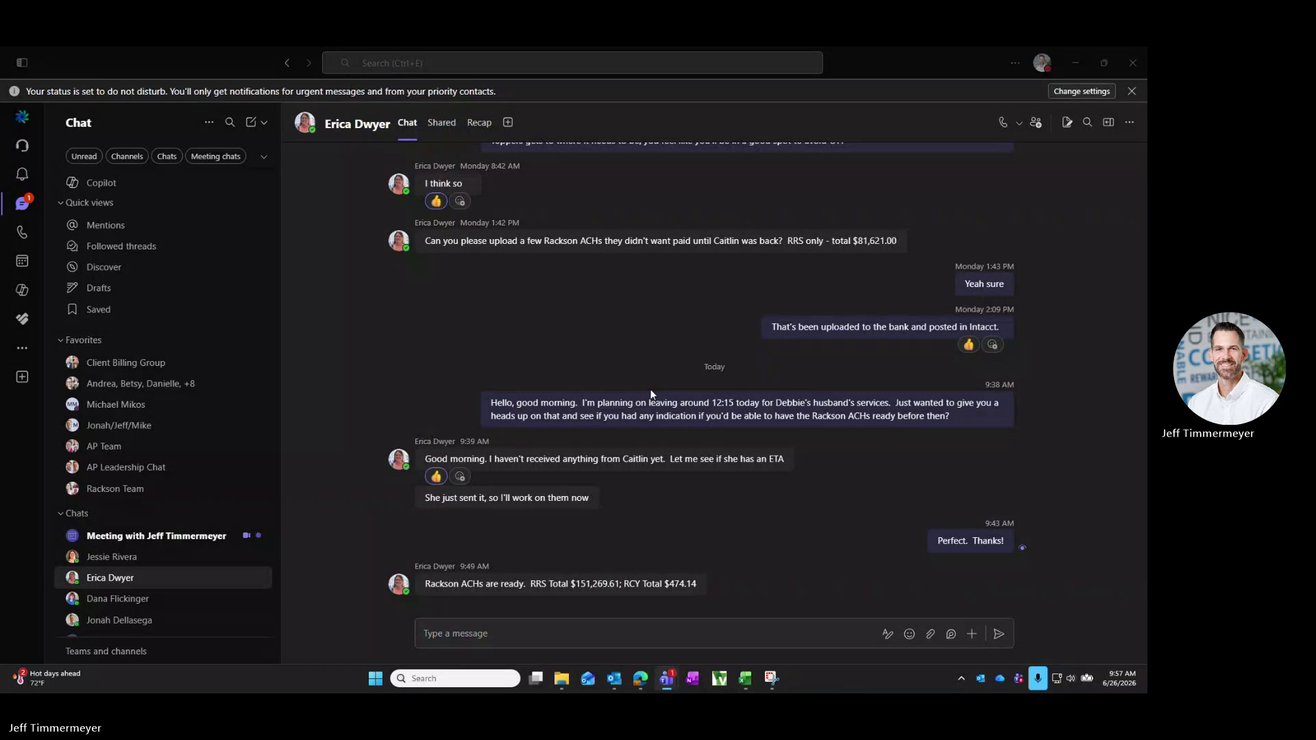 Teams message confirming ACH totals for both Rackson entities