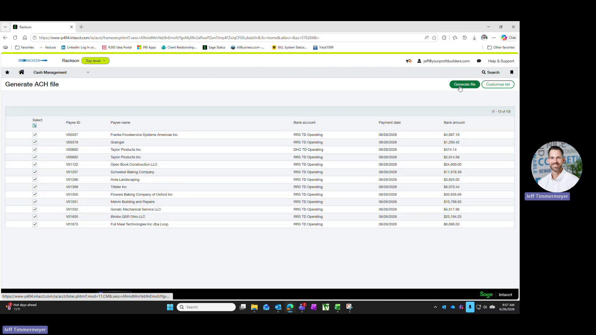 Generate ACH file screen with pending payments selected